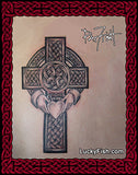 Celtic cross tattoo design with intricate knotwork patterns with a claddagh and heart