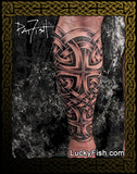 full leg tattoo Celtic knotwork pattern by Pat Fish