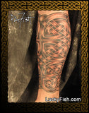 Celtic knot leg tattoo with LuckyFish.com branding