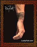 Tattoo on a wrist with Celtic knot bracelet and 'LuckyFish.com' branding.