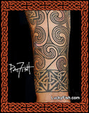 Tattoo design on a arm with intricate patterns, framed by Celtic knotwork, and featuring LuckyFish.com branding.