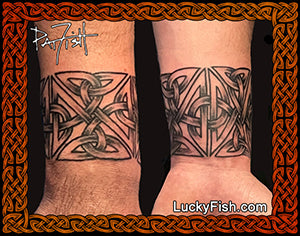 Celtic knot Tattoos on a person's wrist with 'Lucky Fish' branding.