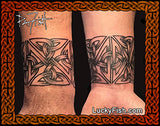 Celtic knot Tattoos on a person's wrist with 'Lucky Fish' branding.
