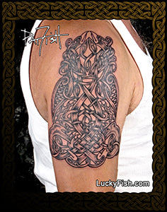 Celtic knot pattern with hunting hounds and cranes, dogs and birds, by Pat Fish