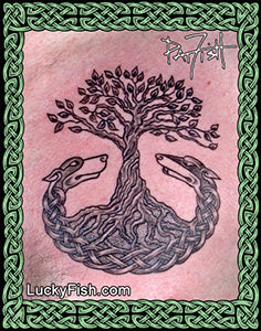 Tree of Life design with Irish Wolfhound and wolf at the base, tattoo on a chest by Pat Fish of LckyFish.com
