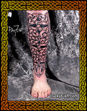 Tattoo design on a lower leg with a Celtic knot pattern by Pat Fish