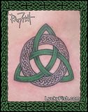 Green Celtic triangle knot tattoo design on skin background by Pat Fish