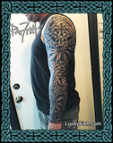Person with a detailed sleeve tattoo, Celtic knots by Pat Fsh with 'Lucky Fish' branding.