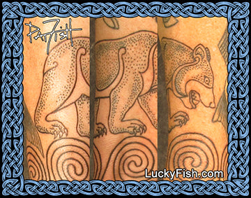 Tattoo design of a Pictish stone carving bear and spirals by Pat Fish, featuring Lucky Fish branding.
