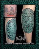 Remember Shield Celtic Knot Tattoo Design cover-up on leg
