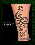 Tattoo of a Pictish Scottish snake design on a person's arm with 'Lucky Fish' branding.