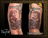 Irish monks in Celtic knotwork tangle tattoo