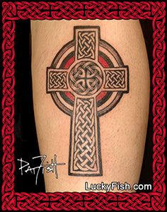 Celtic cross tattoo on a person's arm featured in Boondock Saints movie with 'Lucky Fish' branding.