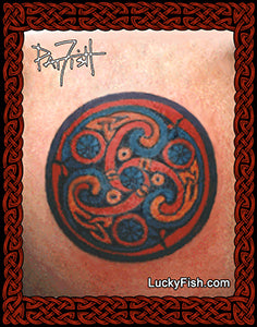 Tattoo of a Celtic knot circle design on skin by Pat Fish