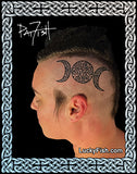 Person with a tattoo of three interlocking moons on the side of their head, framed by Celtic knotwork.