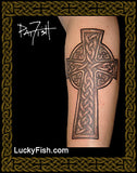 Tattoo of a Celtic cross design on a person's arm with 'LuckyFish.com' branding.