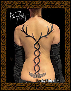 photo of tattoo backpiece with antlers and Pictish crescent