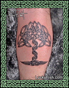 Celtic knot tree of life tattoo with DNA trunk on a person's arm with Lucky Fish branding.
