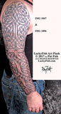 Tattoo full sleeve with intricate Celtic design on a person's arm, with Lucky Fish Art Flash branding.