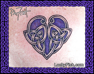 Celtic knot heart tattoo design by Pat Fish featuring the Lucky Fish logo.