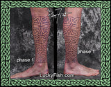 Tattoo design filling a person's lower leg with Celtic knotwork.
