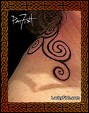 A photo of a spiral tattoo design, with intricate Pictish spiral patterns by Pat Fish