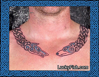 Celtic Torc Necklace Tattoo with Dog and Wolf End Caps