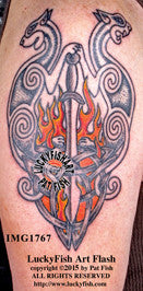 Flaming Celtic Sword Cats Tattoo Design