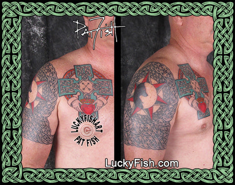 Wolf Star Celtic Knot Chest Half Sleeve Tattoo Design