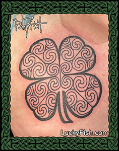The spirals from the Shandwick standing stone in Scotland are here filling a lucky four-leaved clover, a perfect union for any Scots-Irish.