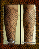 Tattoo design on a forearm with intricate patterns of Celtic knotwork, and featuring Lucky Fish branding.