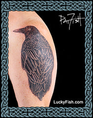 A black and gray tattoo of a crow on human skin, shown within a decorative Celtic-style border and a black background with the text LuckyFish.com and a signature.
