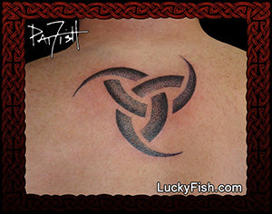 Horns of Odin Viking tattoo on a person's back with Lucky Fish branding.