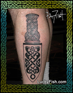 Tattoo of a Celtic design on a person's leg Sian Dubh Scottish Celtic Tattoo Design