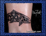 Tattoo of a salmon fish design with Celtic knots on a person's ankle with 'Lucky Fish' branding.