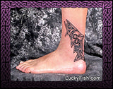 Ankle with a salmon fish tattoo with Celtic knotwork knots, featuring LuckyFish.Com branding.