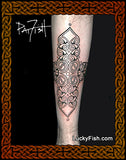 Tattoo design on a leg with intricate spiral patterns and LuckyFish watermark.
