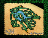 Decorative tattoo of a green and blue Celtic knot dog on skin, featuring the brand 'Lucky Fish'.