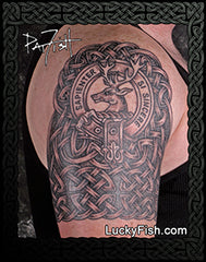 Celtic knot tattoo on a person's arm with Clan Buckler Half Sleeve Celtic Tattoo Design and 'Lucky Fish' branding.