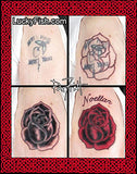 Cover-up tattoo featuring rose and text on skin with LuckyFish.com branding.