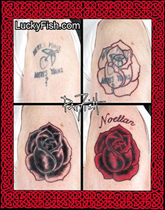 Cover-up tattoo featuring rose and text on skin with LuckyFish.com branding.
