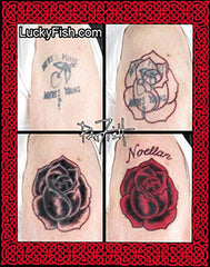 Cover-up tattoo featuring rose and text on skin with LuckyFish.com branding.