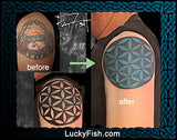 Before and after comparison of a tattoo design of the flower of life coverup by Pat Fish on a person's shoulder, with LuckyFish.com branding.