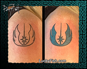 Two tattoos of Star Wars Jedi symbol on skin, one black and one blue, with 'LuckyFish.com' branding.