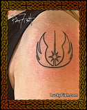 Tattoo of Star Wars Jedi symbol on a person's shoulder with 'LuckyFish.com' branding.