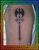 Tattoo of a black labrys symbol on a person's arm symbol of lesbian strength