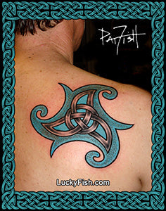 A tattoo design shown on a person's shoulder, featuring a teal and black Celtic knot motif. The image includes a decorative teal border, a 'PatFish' signature, and a 'LuckyFish.com  watermark