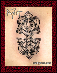 Celtic knot double heart tattoo design by Pat Fish with Lucky Fish branding.