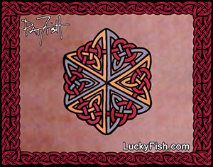 Decorative design with Celtic knot patterns on skin, featuring the Lucky Fish logo.