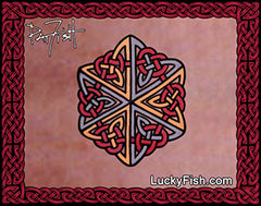 Decorative design with Celtic knot patterns on skin, featuring the Lucky Fish logo.